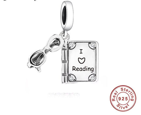 Book Glasses I Love Reading For Back To School Student Graduation Charm Fits Bracelets, 925 Sterling Silver