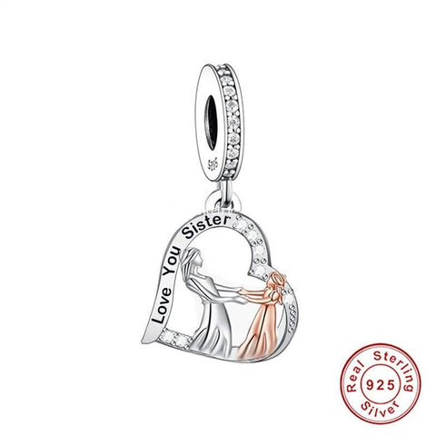 Sisters Love you Forever Heart charm Friends Charms 925 Silver Charm European style Bracelet , Necklace Charm, 925 Charm