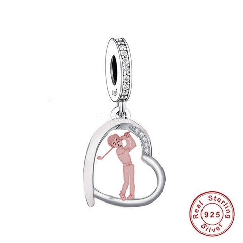 Golfer Charm Love running Exercise Charms 925 Silver Charm European style Bracelet , Necklace Charm, Heart charm Gifts for her