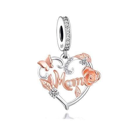 MOM rose Heart Charm Bead  Heart Charm 925 Silver Charm Bracelet charm Necklace charm, 925 Charm, Gifts for her Mother heart Charm