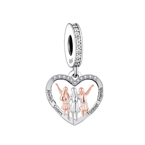 Three Sisters Always Sisters Forever Friends Heart Charm 925 Sterling Silver, Sisters By Heart Jewelry, Friendship Sister dangle charm