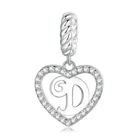 Alphabet Letter D Heart Dangle Charm 925 Silver Charm European style Bracelet , Necklace Charm, 925 Charm, Gifts for her