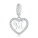 Alphabet Letter M Heart Dangle Charm 925 Silver Charm European style Bracelet , Necklace Charm, 925 Charm, Gifts for her