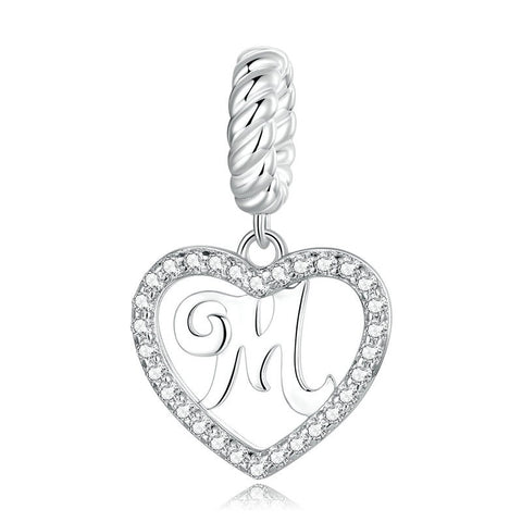 Alphabet Letter M Heart Dangle Charm 925 Silver Charm European style Bracelet , Necklace Charm, 925 Charm, Gifts for her