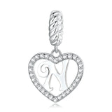 Alphabet Letter N Heart Dangle Charm 925 Silver Charm European style Bracelet , Necklace Charm, 925 Charm, Gifts for her