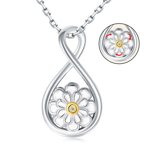 925 Sterling Silver Infinity Rotatable Spinner Anxiety Fidget Daisy Pendant Necklace includes 40cm chain and 18k gold plated 5cm pendant