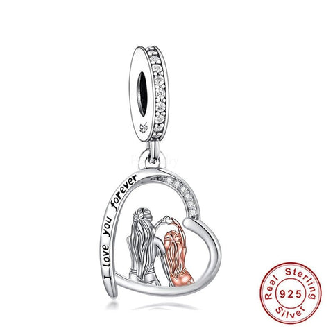 Mother & daughter Sisters Friends Love you Forever Heart charm Friends Charms 925 Silver Charm European style Bracelet Necklace Charm