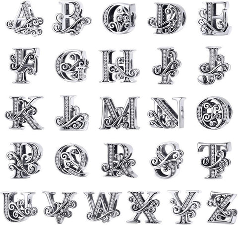 Vintage Alphabet Letters A to Z Charm 925 Silver Charm European style Bracelet , Necklace Charm, 925 Charm, Gifts for her