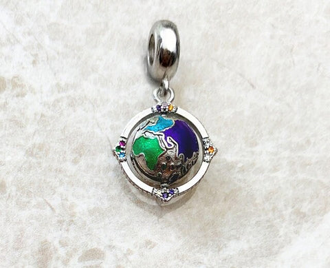 Vintage Globe Charm Ring Charm 925 Sterling Silver Pendant fits Charm Bracelets Necklace