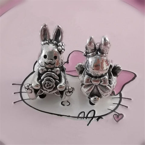 Cute Rose Rabbit Bunny With Bow Charm pendant  solid 925 sterling Silver Charm European style Bracelet Necklace