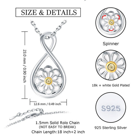 925 Sterling Silver Infinity Rotatable Spinner Anxiety Fidget Daisy Pendant Necklace includes 40cm chain and 18k gold plated 5cm pendant