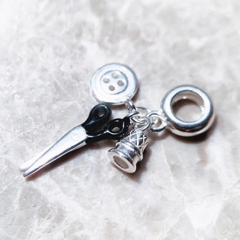 Thimble Scissors Button Charm Fits Bracelet, 925 Sterling Silver, Sewing Jewelry, Sewing Lover Gift, Sewing Keepsake, Sewing Pendant