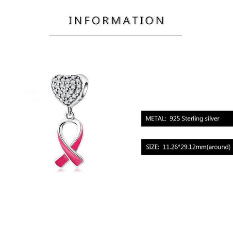 Breast Cancer Awareness Charm For Bracelets, 925 Sterling Silver Breast Cancer Awareness Charm, Pink Ribbon Charm, European style Bracelets