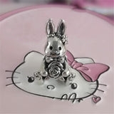 Cute Rose Rabbit Bunny With Bow Charm pendant  solid 925 sterling Silver Charm European style Bracelet Necklace