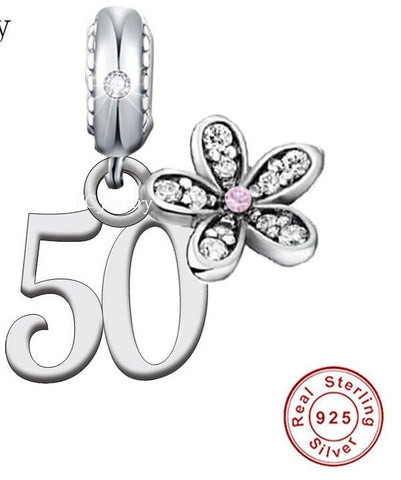 50th Birthday Celebration, 925 Sterling Silver 50th Birthday Dangle Charm Bead Landmark Birthday Fits all Charm Bracelets 50th Anniversary