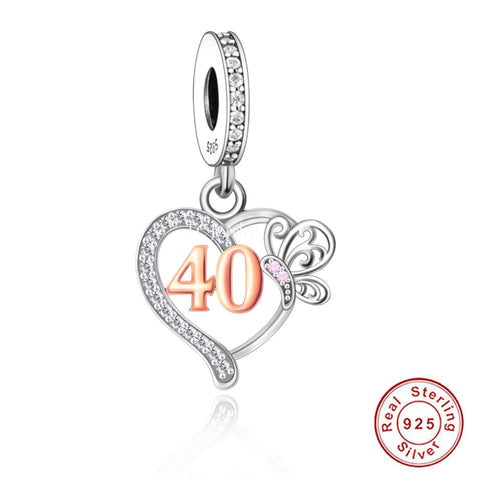 40th Birthday Celebration, 925 Sterling Silver 40th Birthday Dangle Charm Bead Landmark Birthday Fits all Charm Bracelets 40th heart charm