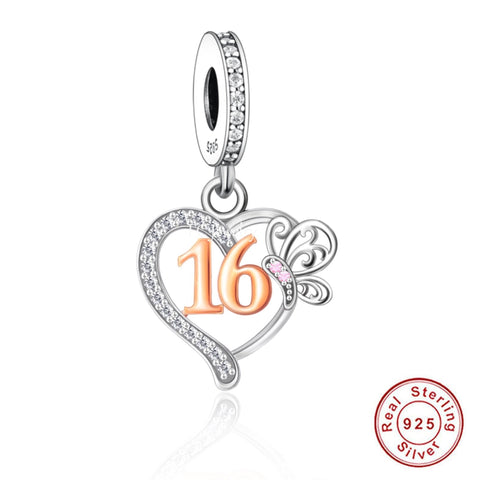 Sweet 16th Birthday 925 Sterling Silver 16th Birthday Dangle Charm Bead Landmark Birthday Fits all Charm Bracelets Heart charm