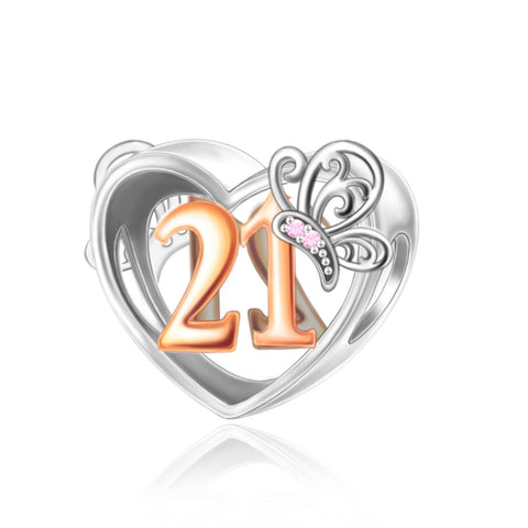 21st Birthday Celebration, 925 Sterling Silver 21st Birthday Dangle Charm Bead Landmark Birthday Fits all Charm Bracelets 21st heart charm