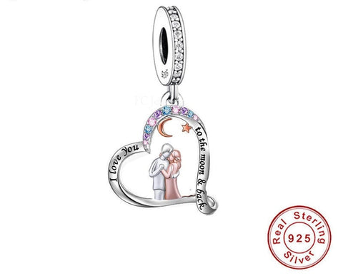 Husband Wife charm Dangle I Love you to the Moon and Back Charm 925 Sterling Silver Anniversary charm, Wedding charm, Engagement Gift