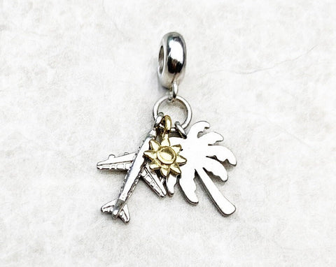 Palm Tree, Sun, Plane Charm travel Charm Sterling Silver Charm, Charm Bracelet Necklace Charm, 925 Charm