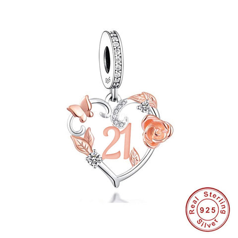 21st Birthday Celebration, 925 Sterling Silver 21st Birthday Dangle Charm Bead Landmark Birthday Fits all Charm Bracelets 21st heart charm