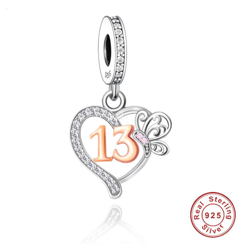 Teenager Birthday 13th Birthday 925 Sterling Silver 13th Birthday Dangle Charm Bead Landmark Birthday Fits all Charm Bracelets Heart charm