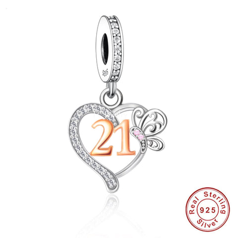 21st Birthday Celebration, 925 Sterling Silver 21st Birthday Dangle Charm Bead Landmark Birthday Fits all Charm Bracelets 21st heart charm