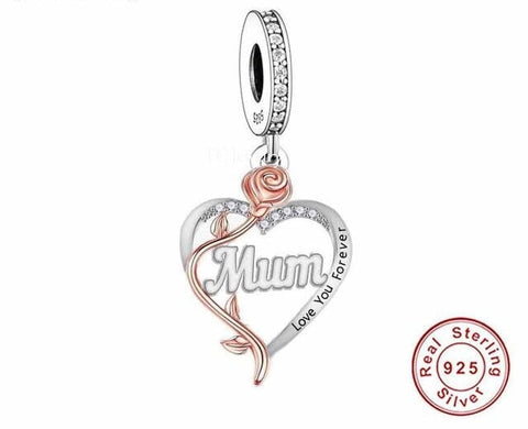 Mum Heart Charm Love You Forever Heart 925 Silver Charm European style Bracelet, Necklace charm