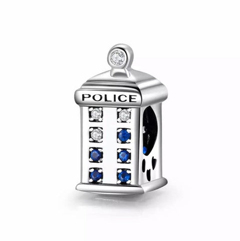 Police Box  Charm,London Police Box,Phone Booth Charm,925 Sterling SilverFits European Bracelets Dr Who Time Machine