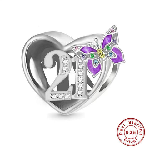 21st Birthday Celebration, 925 Sterling Silver 21st Birthday Dangle Charm Bead Landmark Birthday Fits all Charm Bracelets 21st heart charm