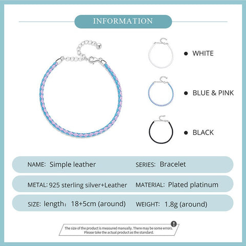 Blue and Pink Leather Fashion Bracelets Adjustable Chain  with 925 Sterling Silver 18cm-23cm