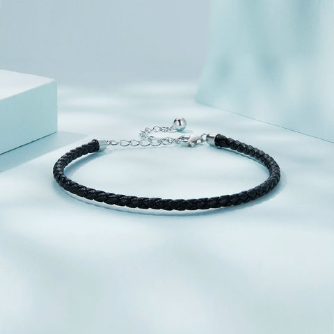 Black Leather Fashion Bracelets Adjustable Chain  with 925 Sterling Silver 18cm-23cm