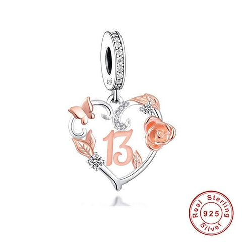 Teenager Birthday 13th Birthday 925 Sterling Silver 13th Birthday Dangle Charm Bead Landmark Birthday Fits all Charm Bracelets Heart charm