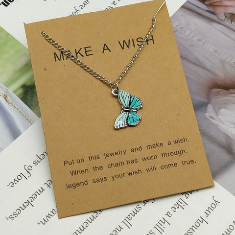 Make a Wish Friendship Necklace with Charm Romantic Cute Blue Light Blue Butterfly Pendant