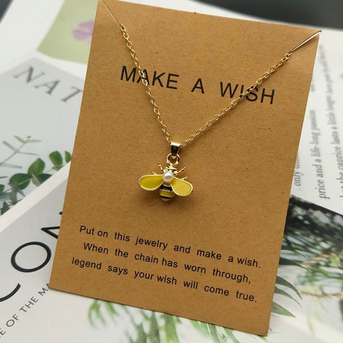 Make a Wish Friendship Necklace with Charm Yellow Bee Pendant, Bumble Bee Pendant, Bee