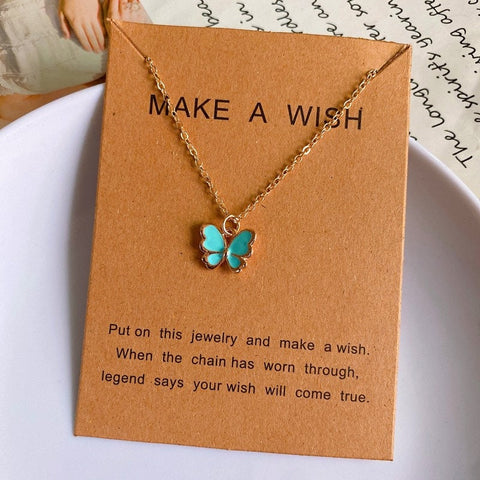 Make a Wish Friendship Necklace with Charm Romantic Cute Blue Light Blue Butterfly Pendant