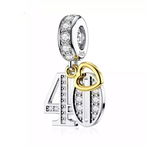 40th Birthday Celebration, 925 Sterling Silver 40th Birthday Dangle Charm Bead Landmark Birthday Fits all Charm Bracelets 40th heart charm