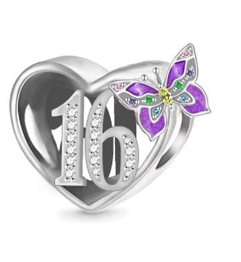 Sweet 16th Birthday 925 Sterling Silver 16th Birthday Dangle Charm Bead Landmark Birthday Fits all Charm Bracelets Heart charm