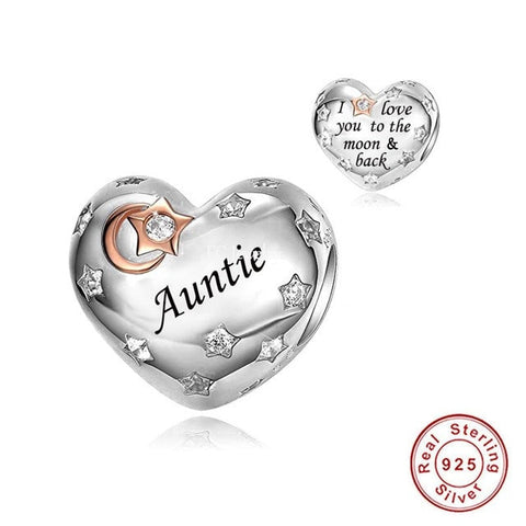 Auntie Heart Charm Love you to the moon and back Heart 925 Silver Charm European style Bracelet, Necklace charm