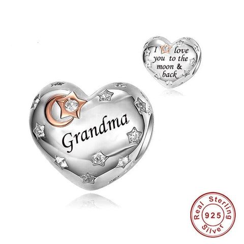 Grandma Heart Charm I Love You to the Moon & Back Heart 925 Silver Charm European style Bracelet, Necklace charm