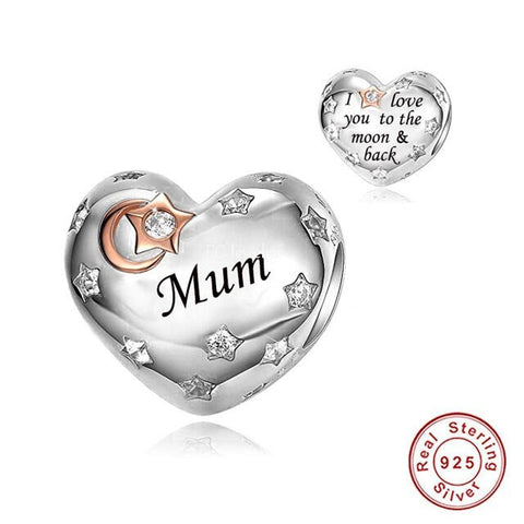 Mum Heart Charm I Love You to the Moon and Back 925 Silver Charm European style Bracelet, Necklace charm