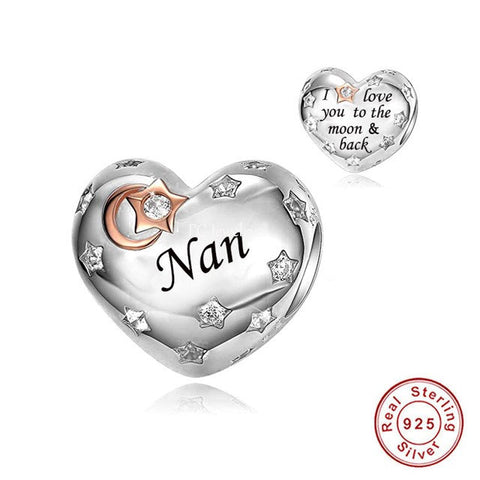 Nan Heart Charm I Love You to the Moon & Back Heart 925 Silver Charm European style Bracelet, Necklace charm