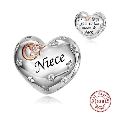 Niece Heart Charm Love you to the moon and back Heart 925 Silver Charm European style Bracelet, Necklace charm