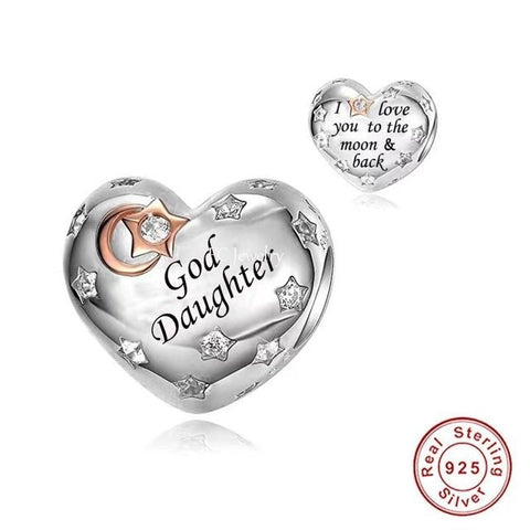 God daughter Heart Charm Love you to the moon and back Heart 925 Silver Charm European style Bracelet, Necklace charm