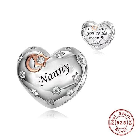 Nanny Heart Charm I Love You to the Moon & Back Heart 925 Silver Charm European style Bracelet, Necklace charm