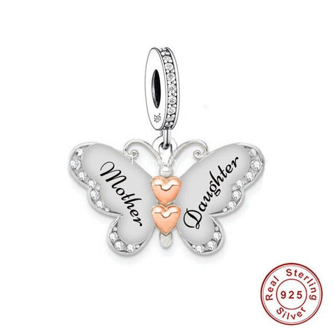 Mother Daughter butterfly Charm 925 Silver Charm European style Bracelet, Necklace charm