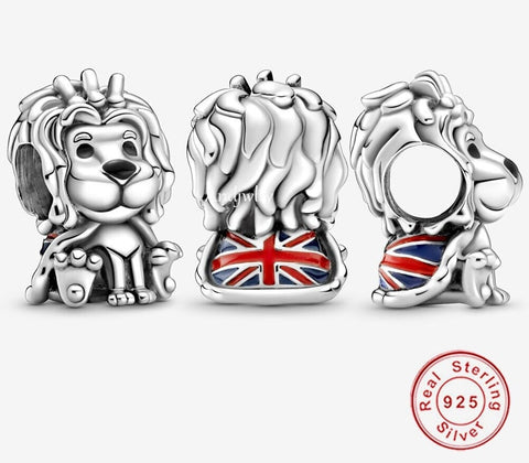 Britain Wavy Union Jack Lion Charm  Fit Bracelets, 925 Sterling Silver, Lion Lover Gift, Safar Jewelry, British Lion Keepsake