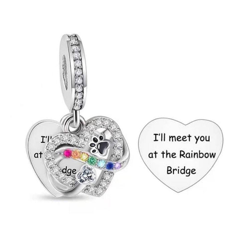 RIP Pet Cat / Dog Paw Memorial Charm Infinity Charm 925 Sterling Silver - I'll Meet You At The Rainbow Bridge Fits all Charm Bracelets