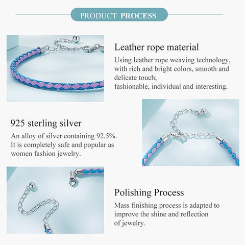 Blue and Pink Leather Fashion Bracelets Adjustable Chain  with 925 Sterling Silver 18cm-23cm