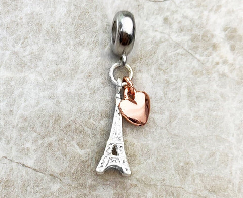 Paris Eiffel Tower with Heart Dangle Charm 925 Silver Charm European style Bracelet, Necklace Charm, 925 Charm Eiffel tower Charm